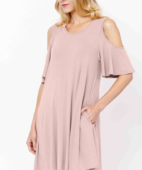 BAMBOO COLD SHOULDER FLARE DRESS