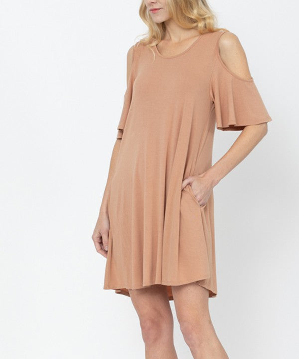 BAMBOO COLD SHOULDER FLARE DRESS