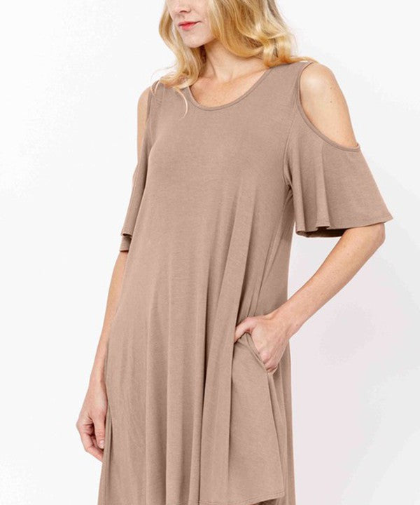 BAMBOO COLD SHOULDER FLARE DRESS