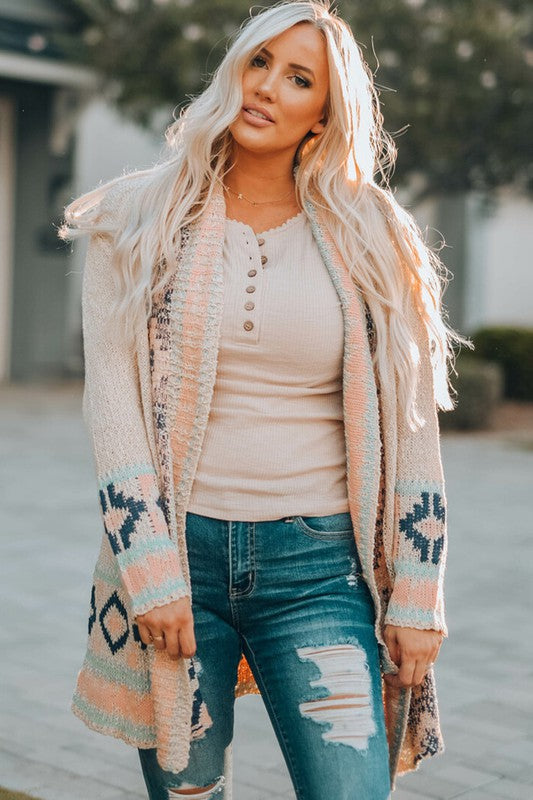 Apricot Aztec Print Open Front Cardigan