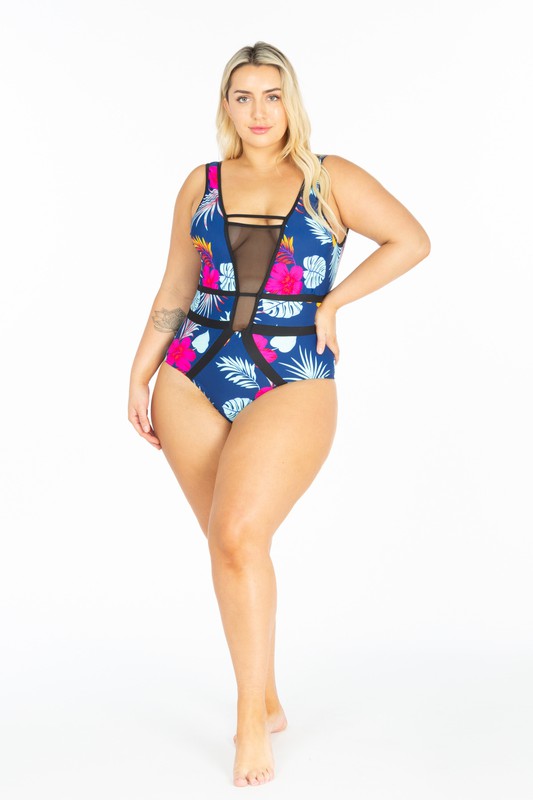 Plus Size One Piece Mesh V Cut Front Strappy Back