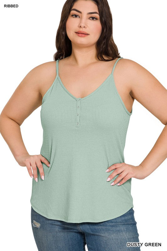 PLUS RIBBED HALF SNAP BUTTON CLOSURE CAMI TOP