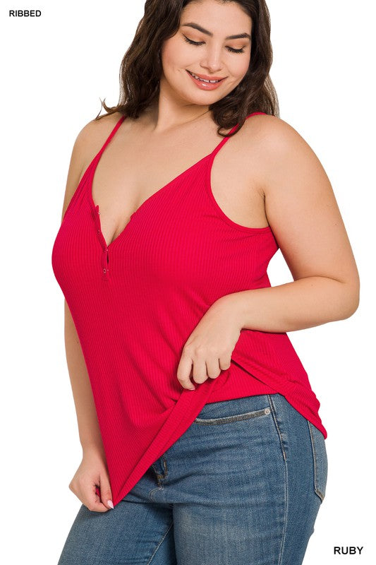 PLUS RIBBED HALF SNAP BUTTON CLOSURE CAMI TOP