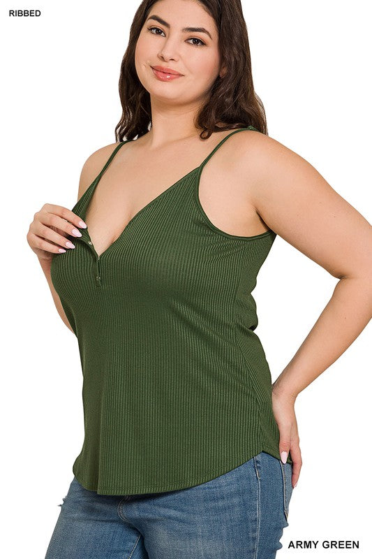 PLUS RIBBED HALF SNAP BUTTON CLOSURE CAMI TOP