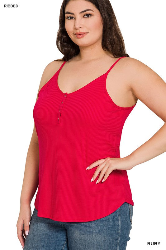 PLUS RIBBED HALF SNAP BUTTON CLOSURE CAMI TOP