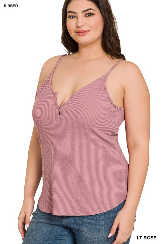 PLUS RIBBED HALF SNAP BUTTON CLOSURE CAMI TOP