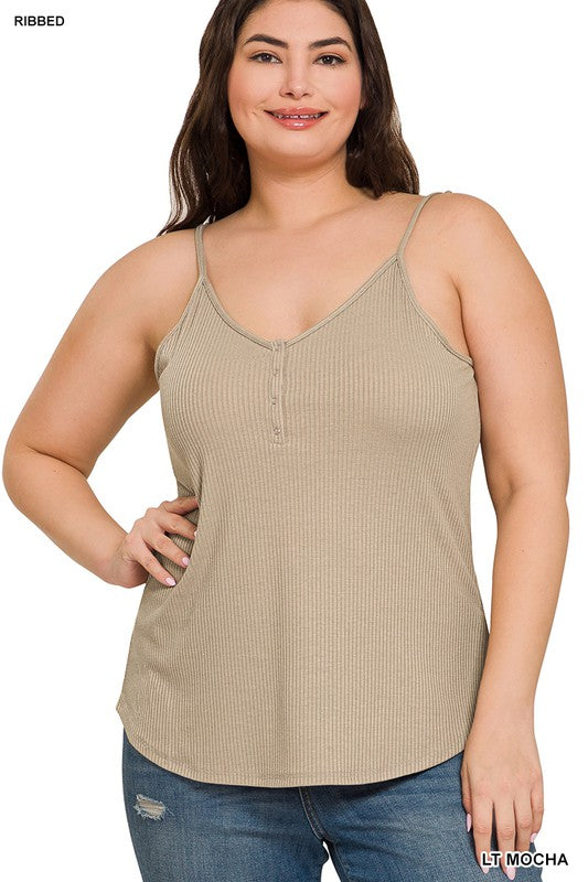 PLUS RIBBED HALF SNAP BUTTON CLOSURE CAMI TOP