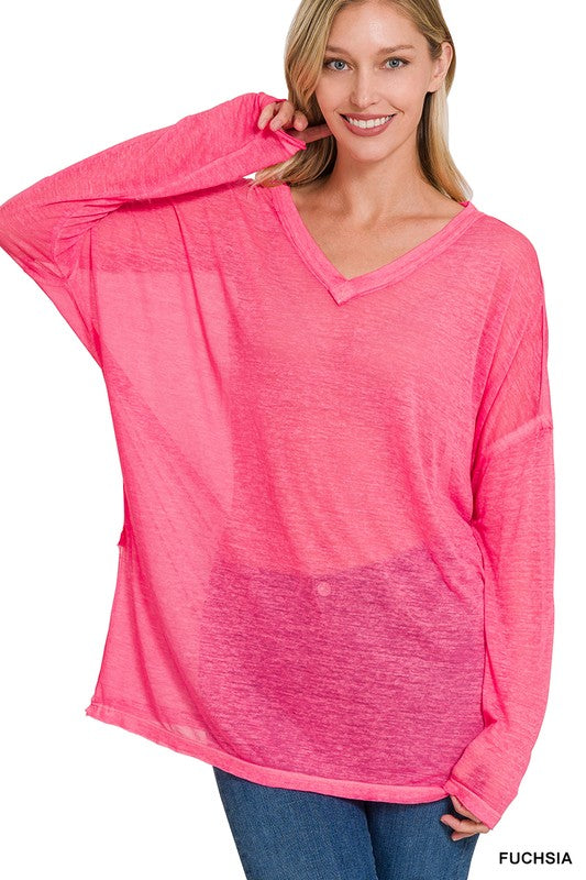 MELANGE BURNOUT DOLMAN SLEEVE V-NECK TOP