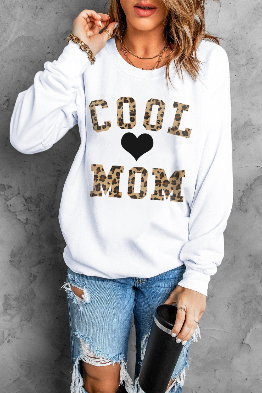 COOL MOM Heart Graphic Round Neck Sweatshirt