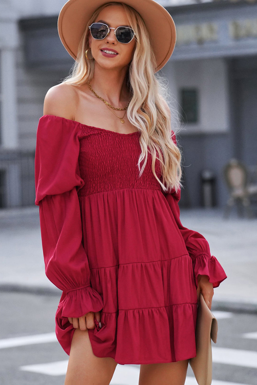 Smocked Off-Shoulder Tiered Mini Dress